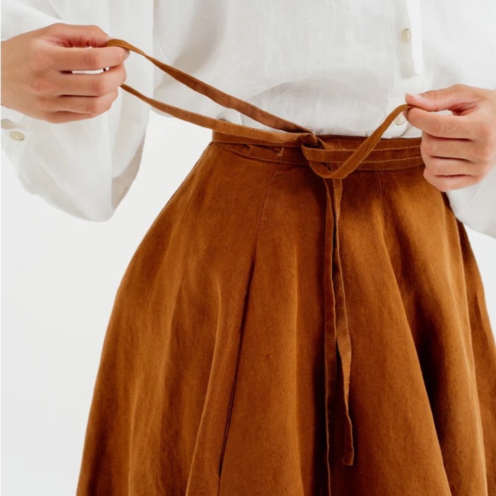 NWOT Son de Flor Linen Mini Wrap Skirt Warm Brown S-M